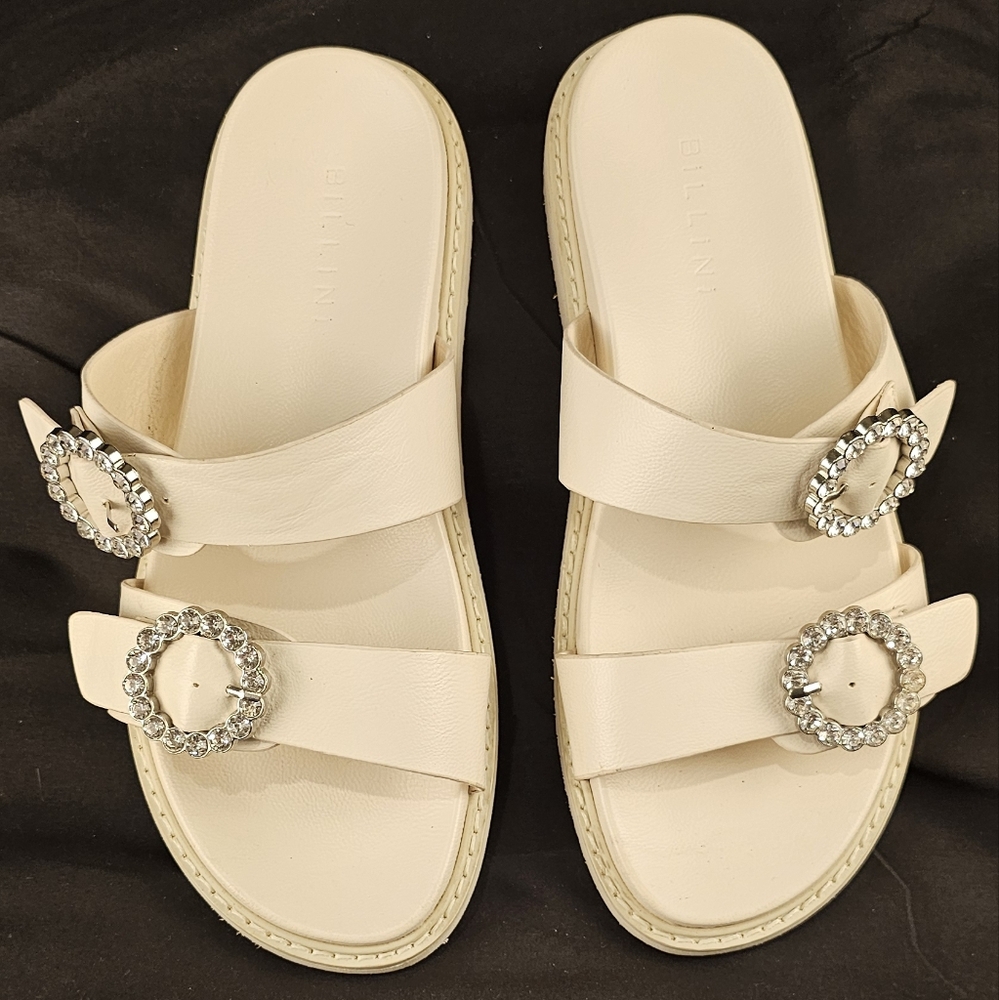 Billini Women's Size 10 Zen Ivory Buckled Slide Sandals Rhinestones
